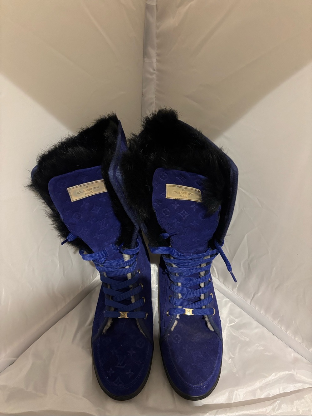 Designer Royal Blue Suede Lace-Up Fur Trim Boots